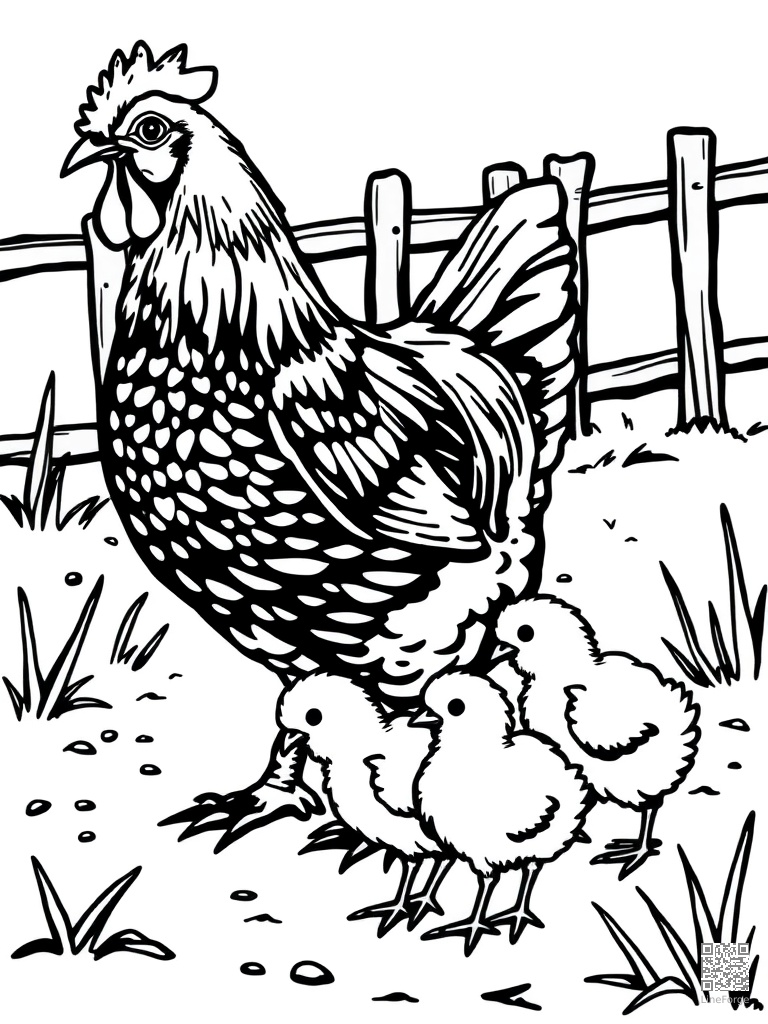 Chicken and baby chicks pecking in a farmyard coloring page Woodcut style - free printable