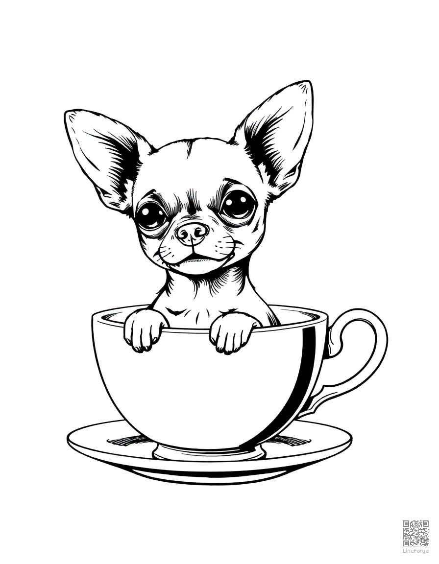 chihuahua sitting inside a teacup coloring page Crosshatch style - free printable