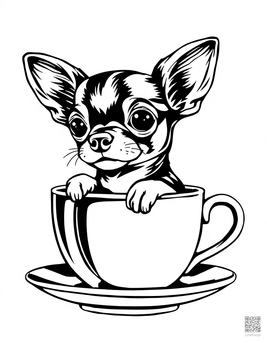 chihuahua sitting inside a teacup coloring page Woodcut style - free printable