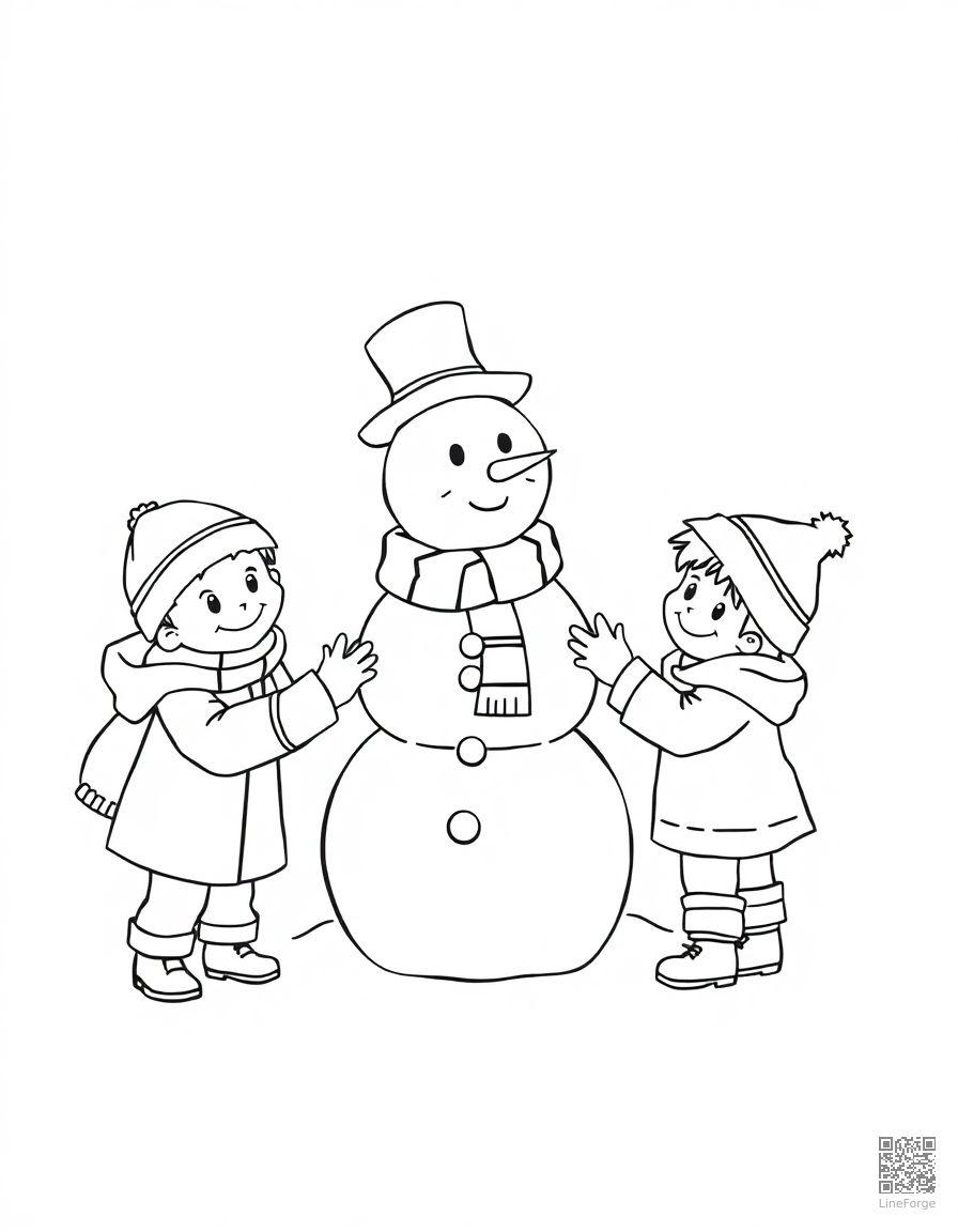 Free children building a snowman coloring page in contour style — printable line art