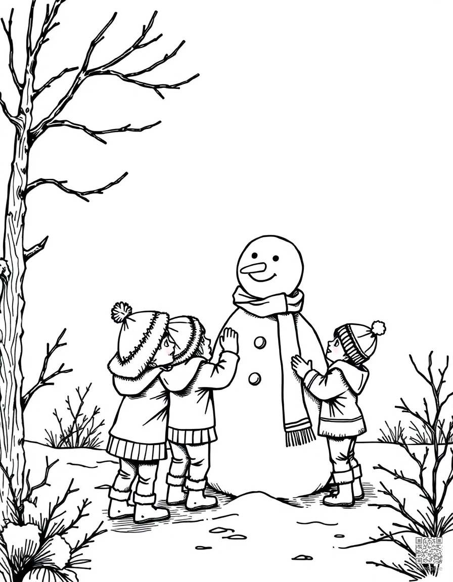 Free children building a snowman coloring page in crosshatch style — printable line art