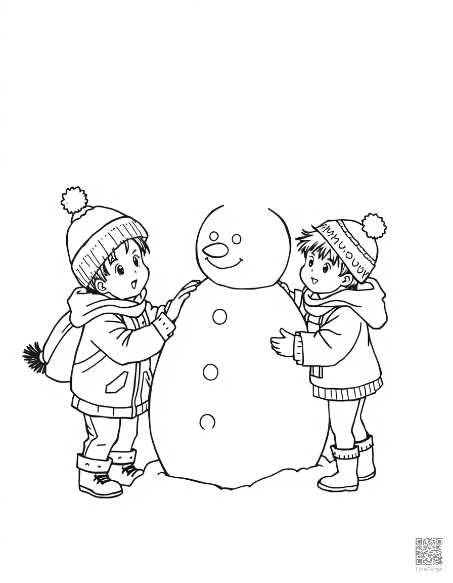 children building a snowman coloring page Manga style - free printable