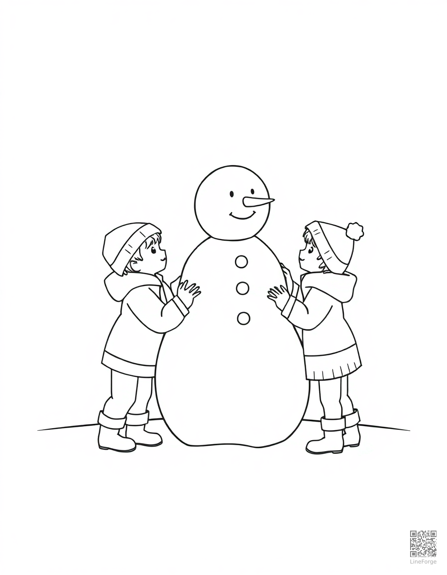 children building a snowman coloring page Minimal style - free printable
