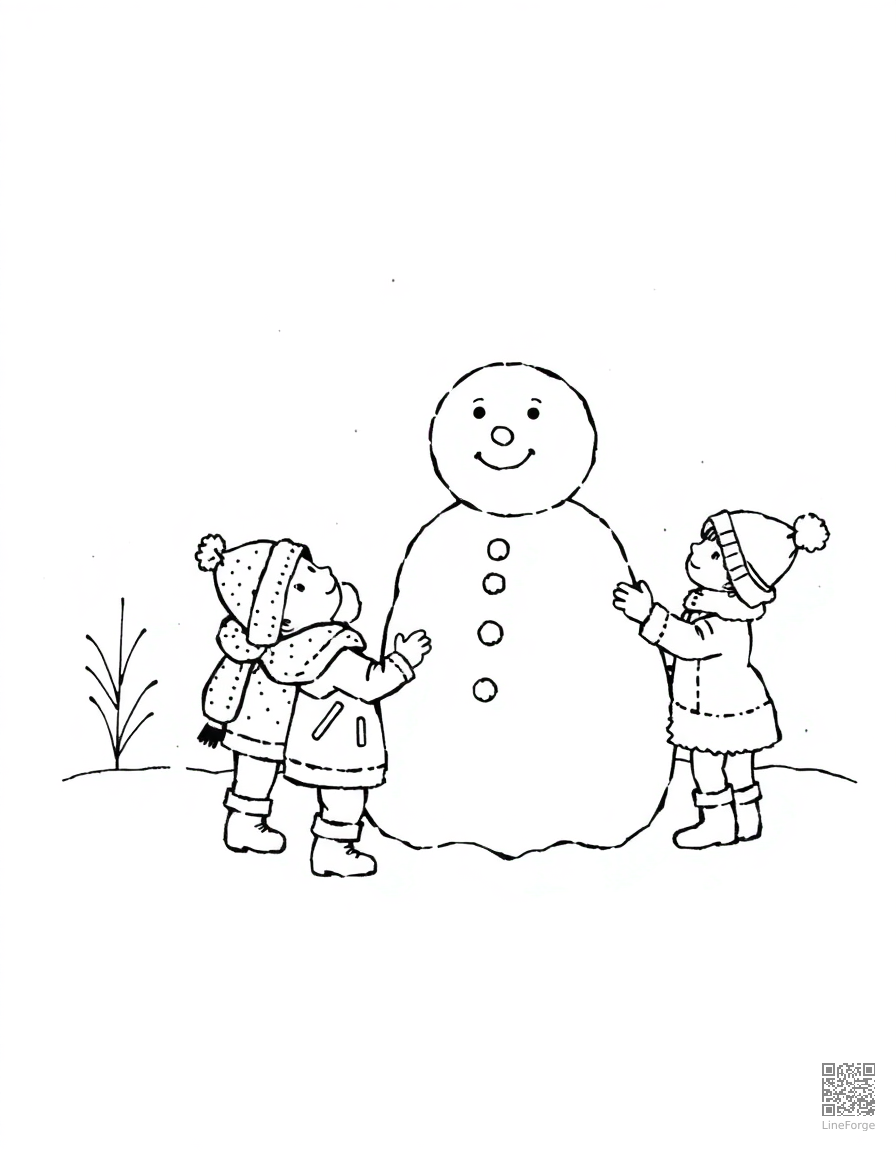 children building a snowman coloring page Stipple style - free printable