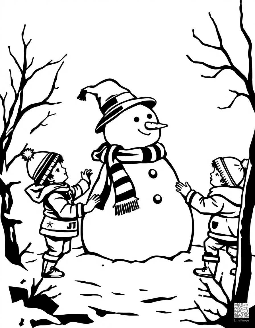 children building a snowman coloring page Woodcut style - free printable