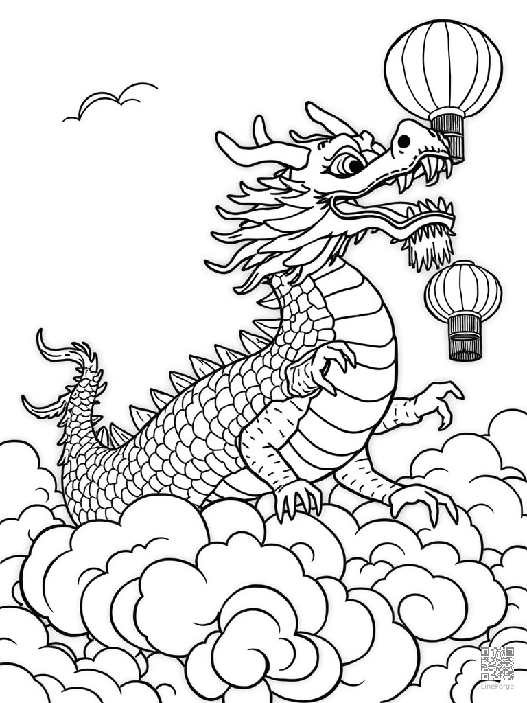 Chinese dragon in clouds during lantern festival coloring page Contour style - free printable