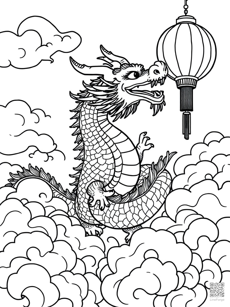 Chinese dragon in clouds during lantern festival coloring page Crosshatch style - free printable