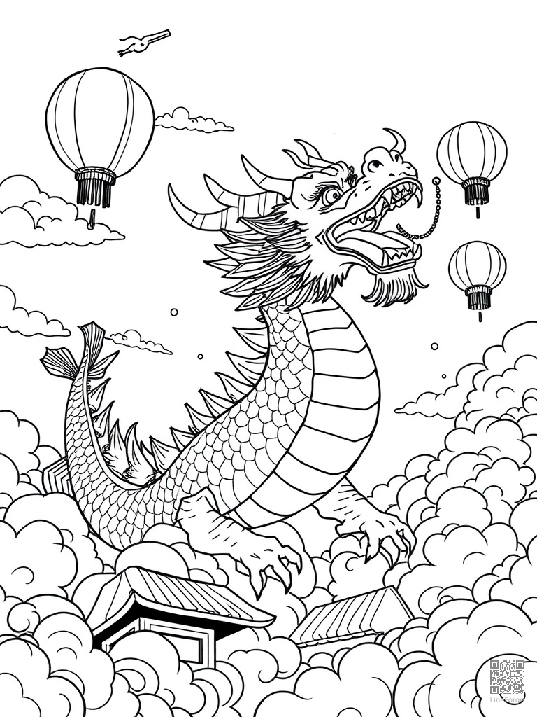 Chinese dragon in clouds during lantern festival coloring page Manga style - free printable