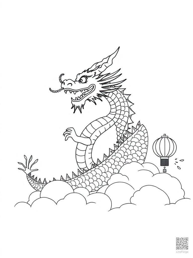 Chinese dragon in clouds during lantern festival coloring page Minimal style - free printable