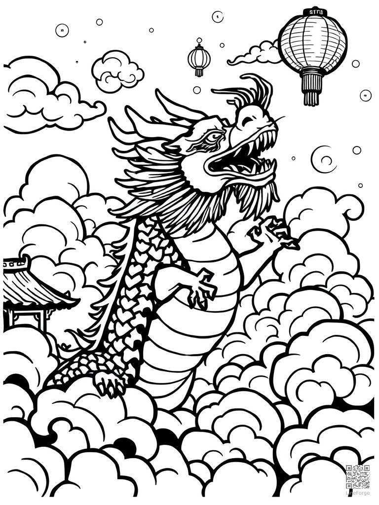 Chinese dragon in clouds during lantern festival coloring page Woodcut style - free printable