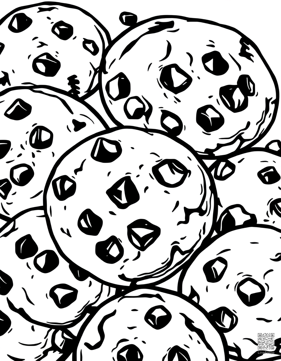 chocolate chip cookies fresh from the oven coloring page Woodcut style - free printable