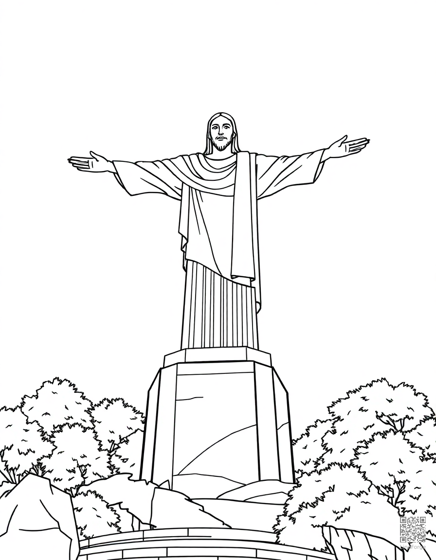 Free christ the redeemer statue in rio coloring page in manga style — printable line art