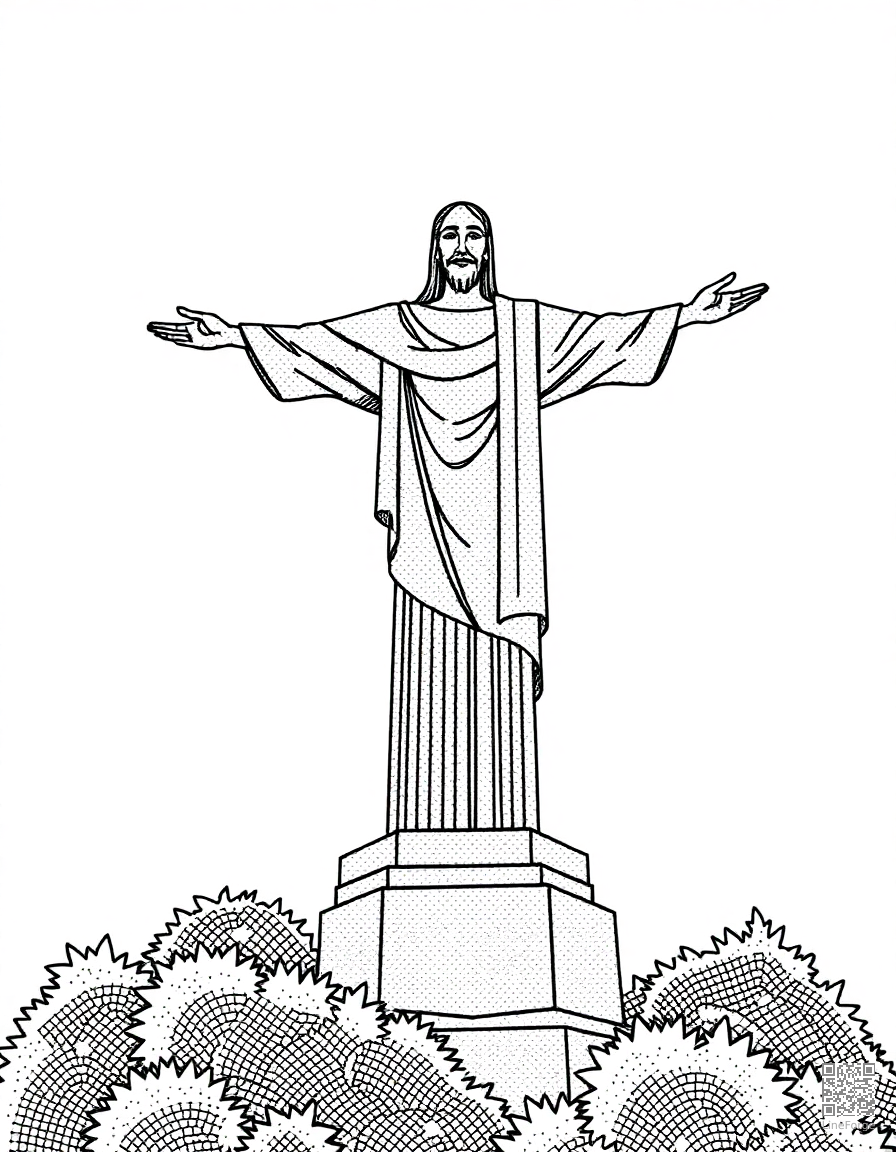 christ the redeemer statue in rio coloring page Stipple style free printable