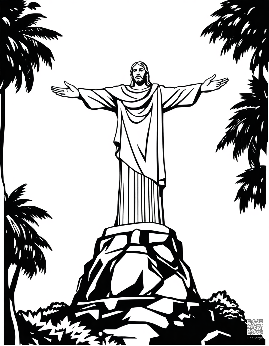 christ the redeemer statue in rio coloring page Woodcut style free printable
