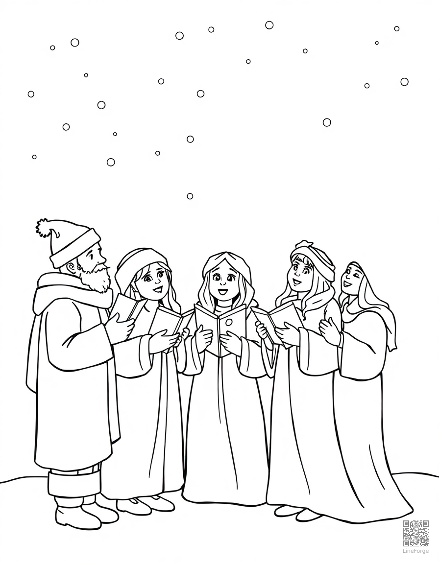 christmas carolers singing in the snow coloring page Contour style - free printable