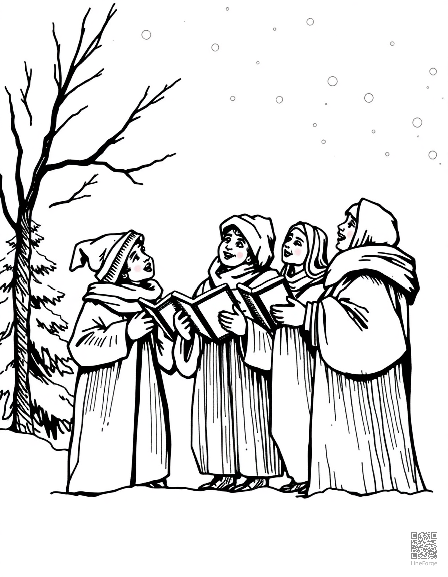 christmas carolers singing in the snow coloring page Crosshatch style - free printable