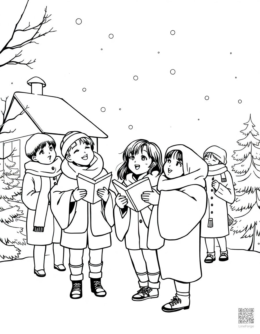 christmas carolers singing in the snow coloring page Manga style - free printable