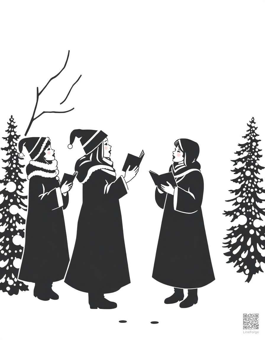 christmas carolers singing in the snow coloring page Stipple style - free printable