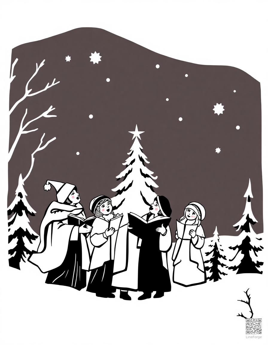 christmas carolers singing in the snow coloring page Woodcut style - free printable