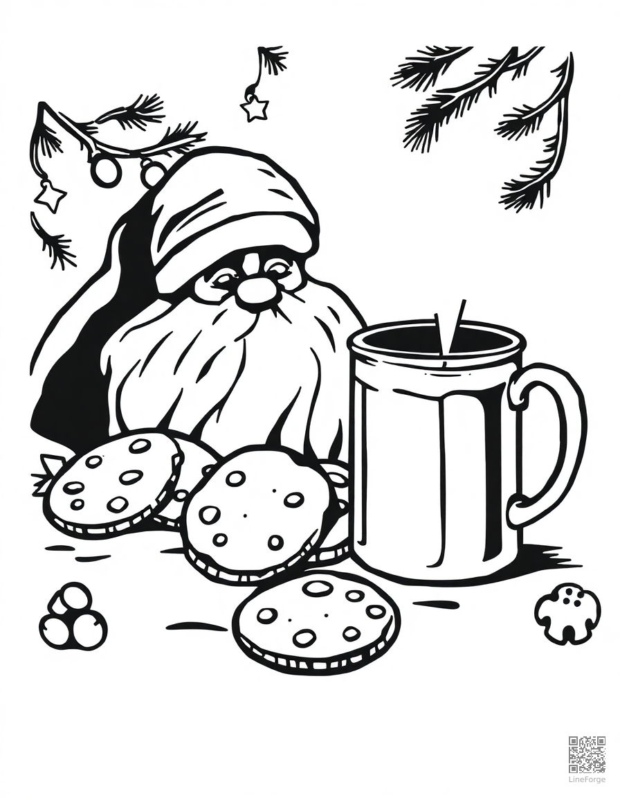 christmas cookies and milk for santa coloring page Woodcut style - free printable