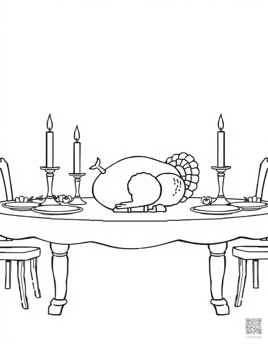 christmas dinner table with turkey and candles coloring page Contour style - free printable