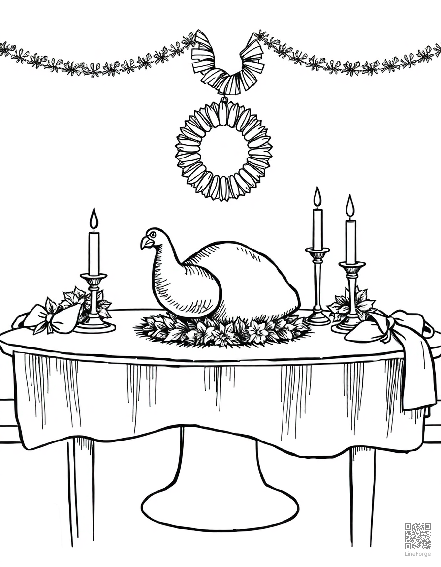 christmas dinner table with turkey and candles coloring page Crosshatch style - free printable