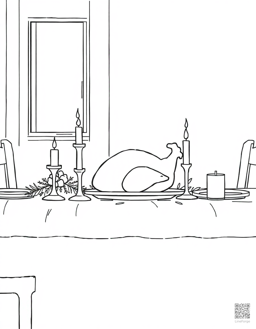 christmas dinner table with turkey and candles coloring page Manga style - free printable