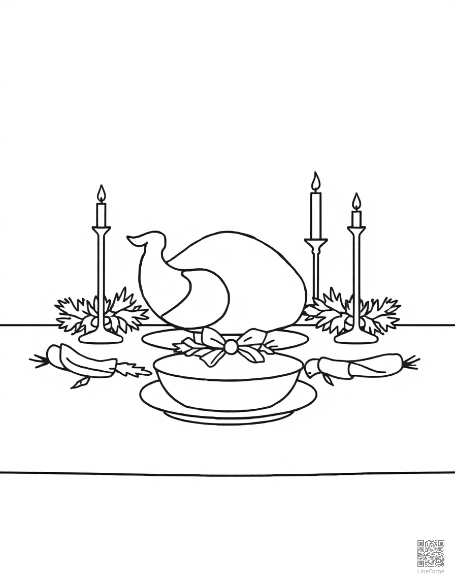 christmas dinner table with turkey and candles coloring page Minimal style - free printable