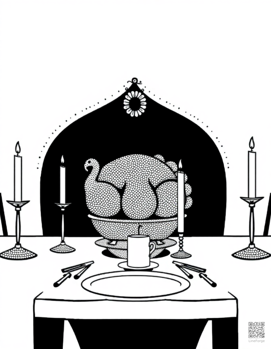christmas dinner table with turkey and candles coloring page Stipple style - free printable