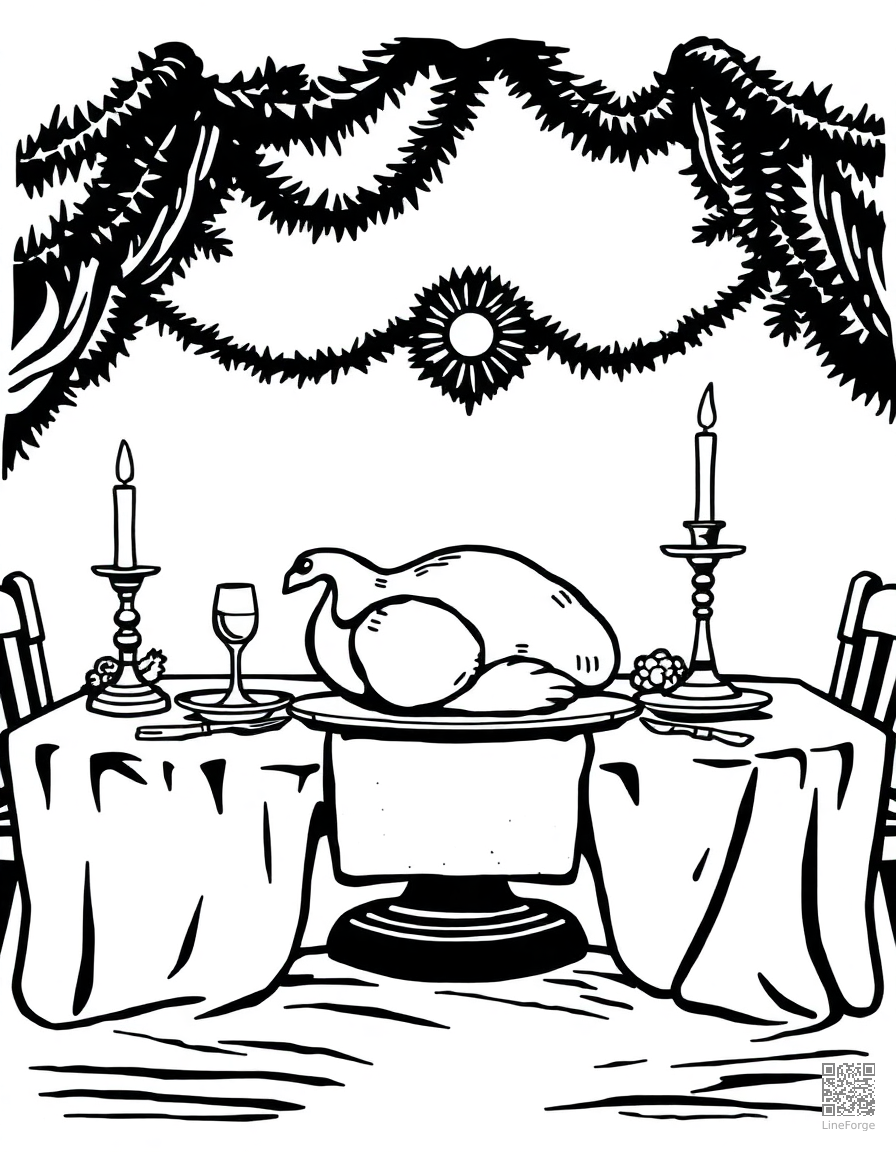 christmas dinner table with turkey and candles coloring page Woodcut style - free printable
