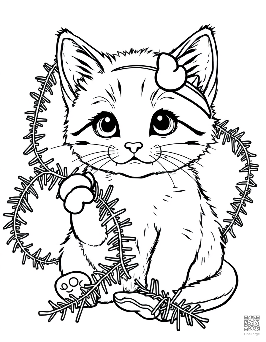 christmas kitten playing with tinsel coloring page Contour style - free printable