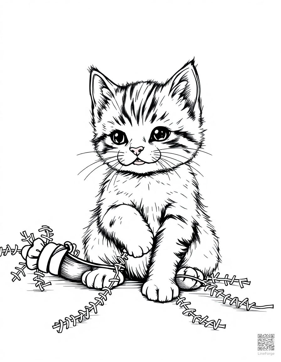 christmas kitten playing with tinsel coloring page Crosshatch style - free printable