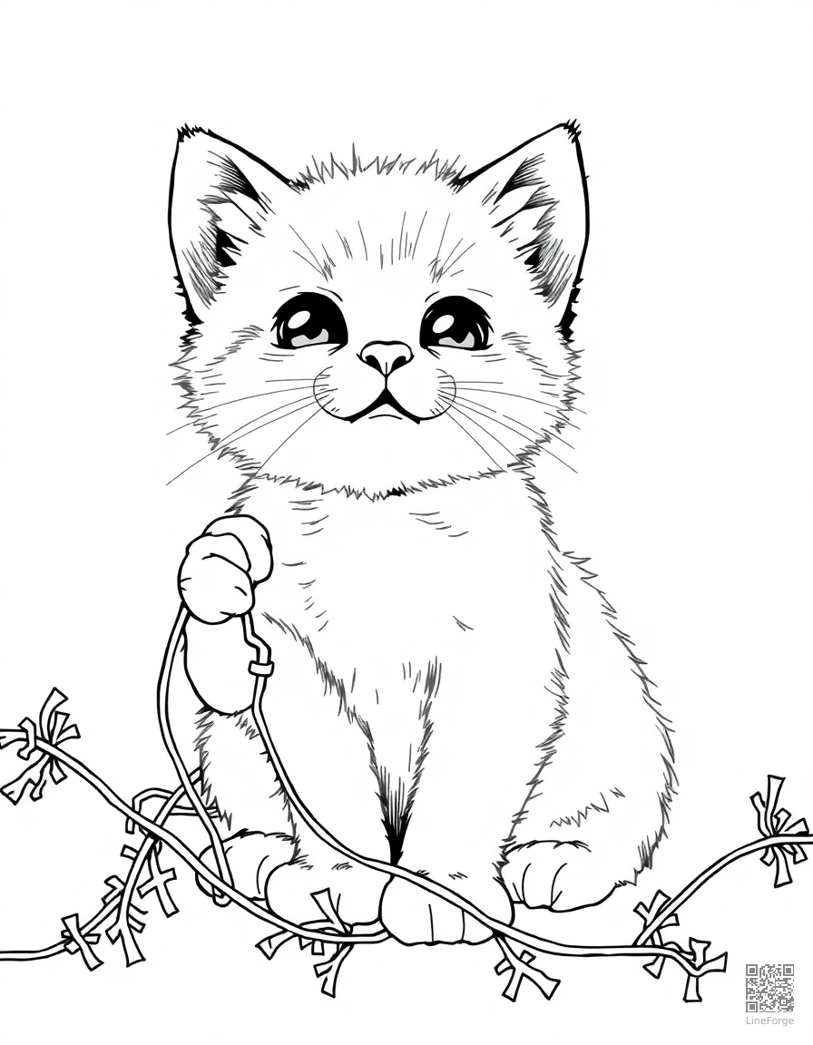 christmas kitten playing with tinsel coloring page Manga style - free printable