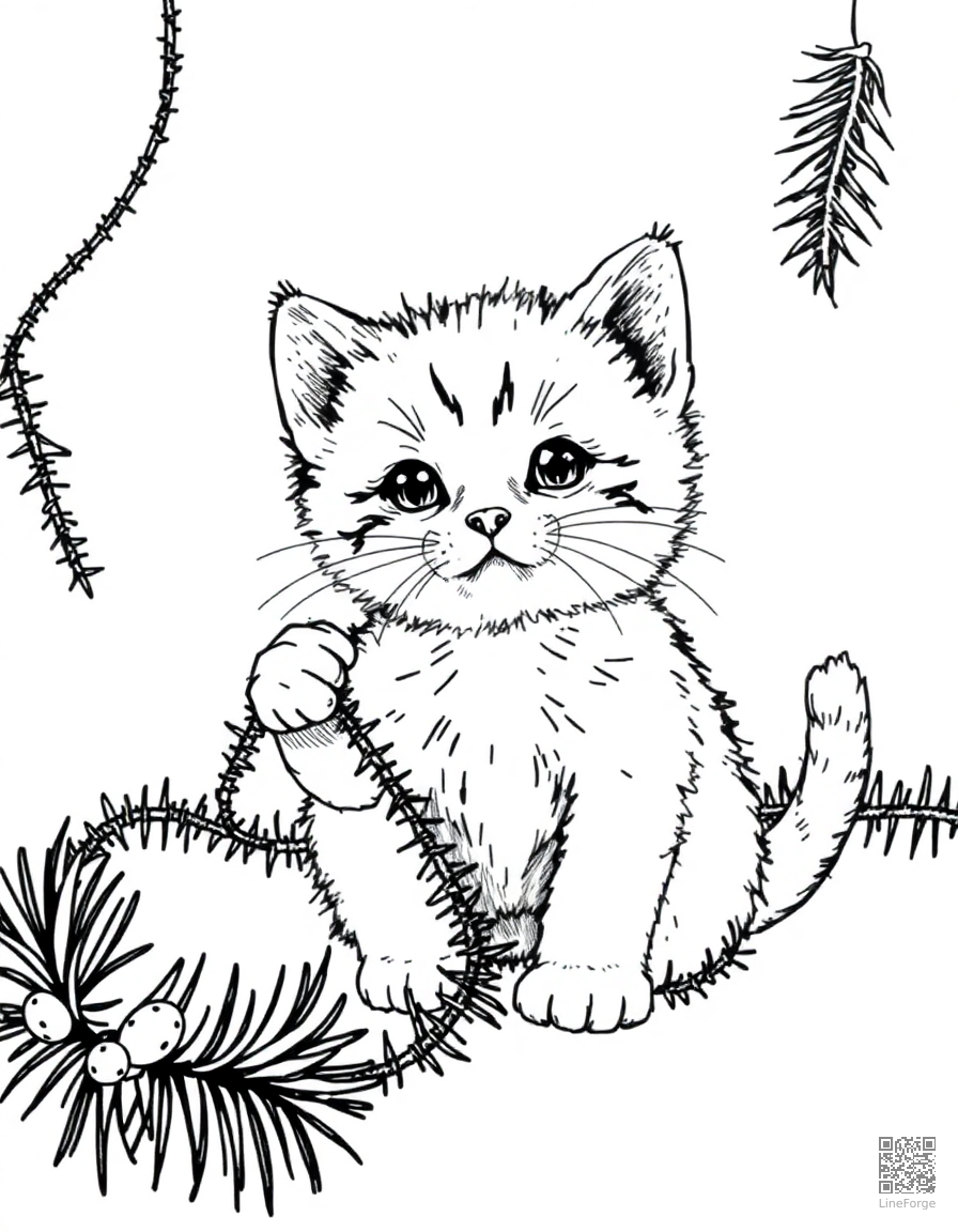 christmas kitten playing with tinsel coloring page Stipple style - free printable