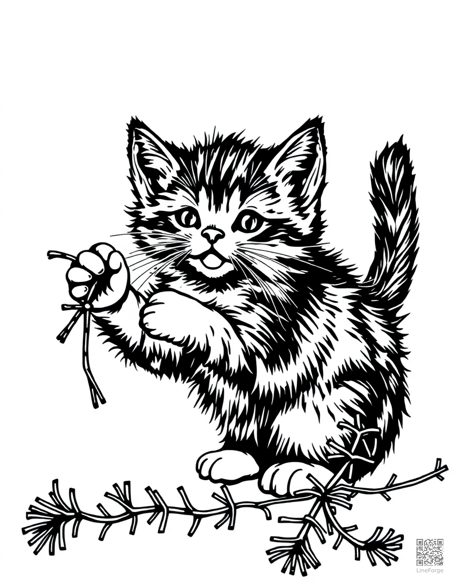 christmas kitten playing with tinsel coloring page Woodcut style - free printable