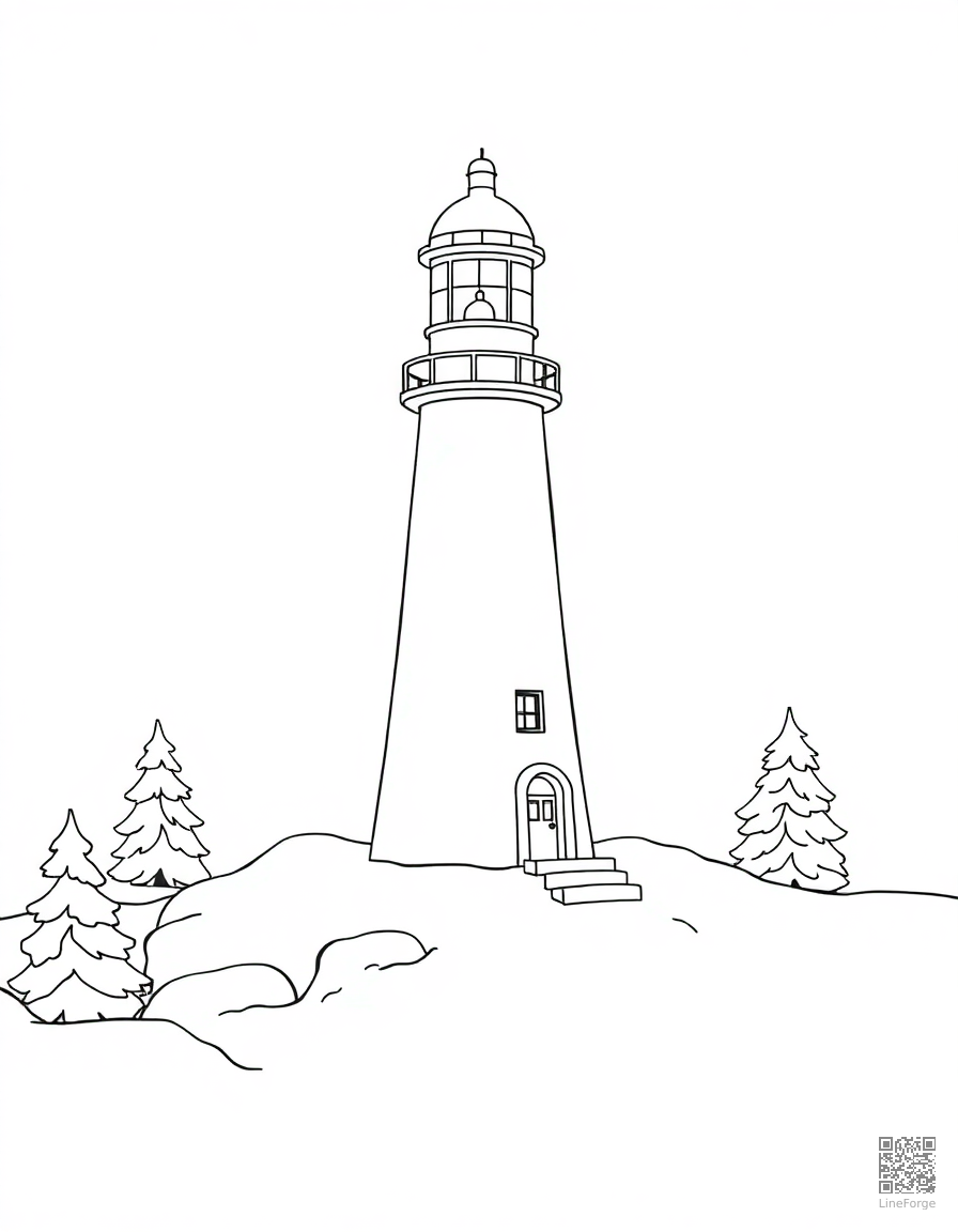 christmas lighthouse in the snow coloring page Contour style - free printable