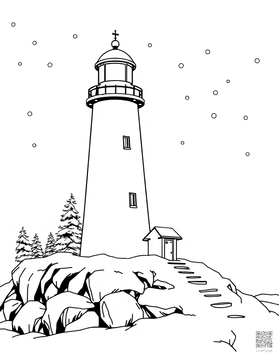 christmas lighthouse in the snow coloring page Manga style - free printable