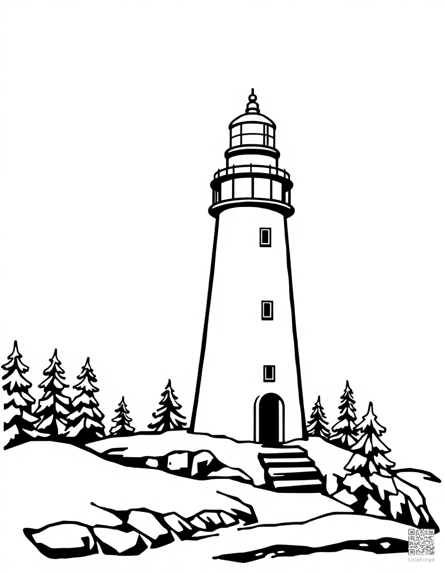 christmas lighthouse in the snow coloring page Woodcut style - free printable