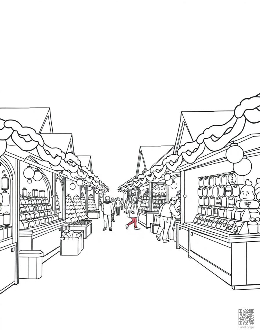 christmas market with festive stalls coloring page Contour style - free printable