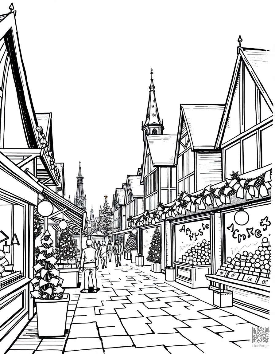 christmas market with festive stalls coloring page Crosshatch style - free printable