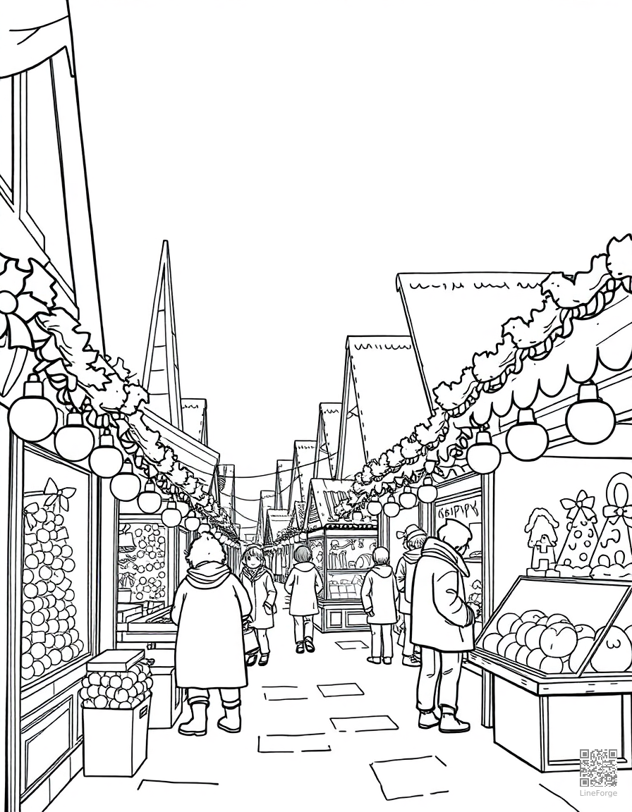 christmas market with festive stalls coloring page Manga style - free printable