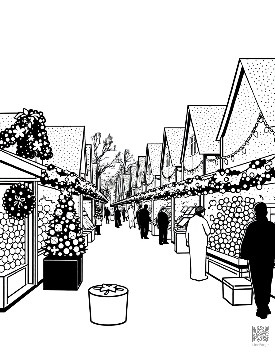 christmas market with festive stalls coloring page Stipple style - free printable