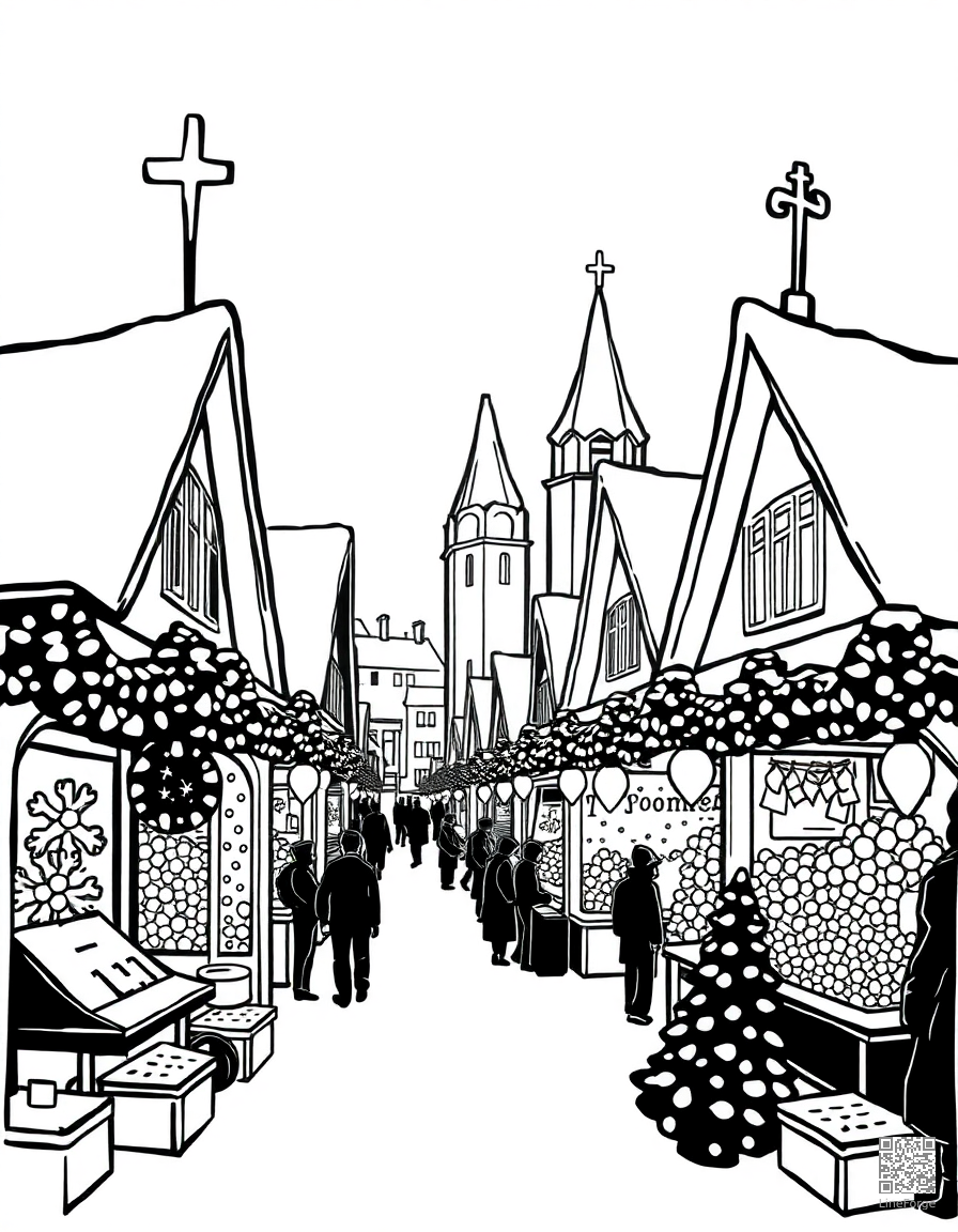 christmas market with festive stalls coloring page Woodcut style - free printable