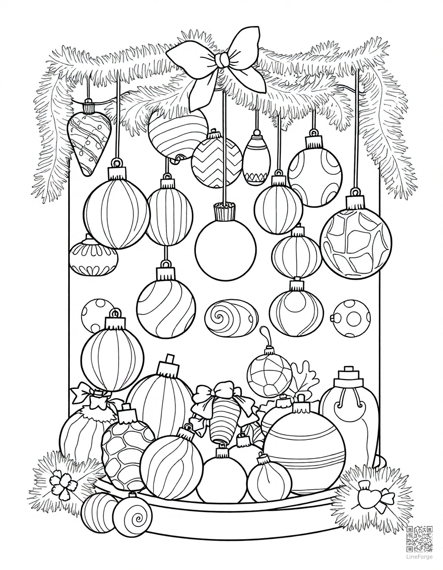 christmas ornament collection display coloring page Contour style - free printable