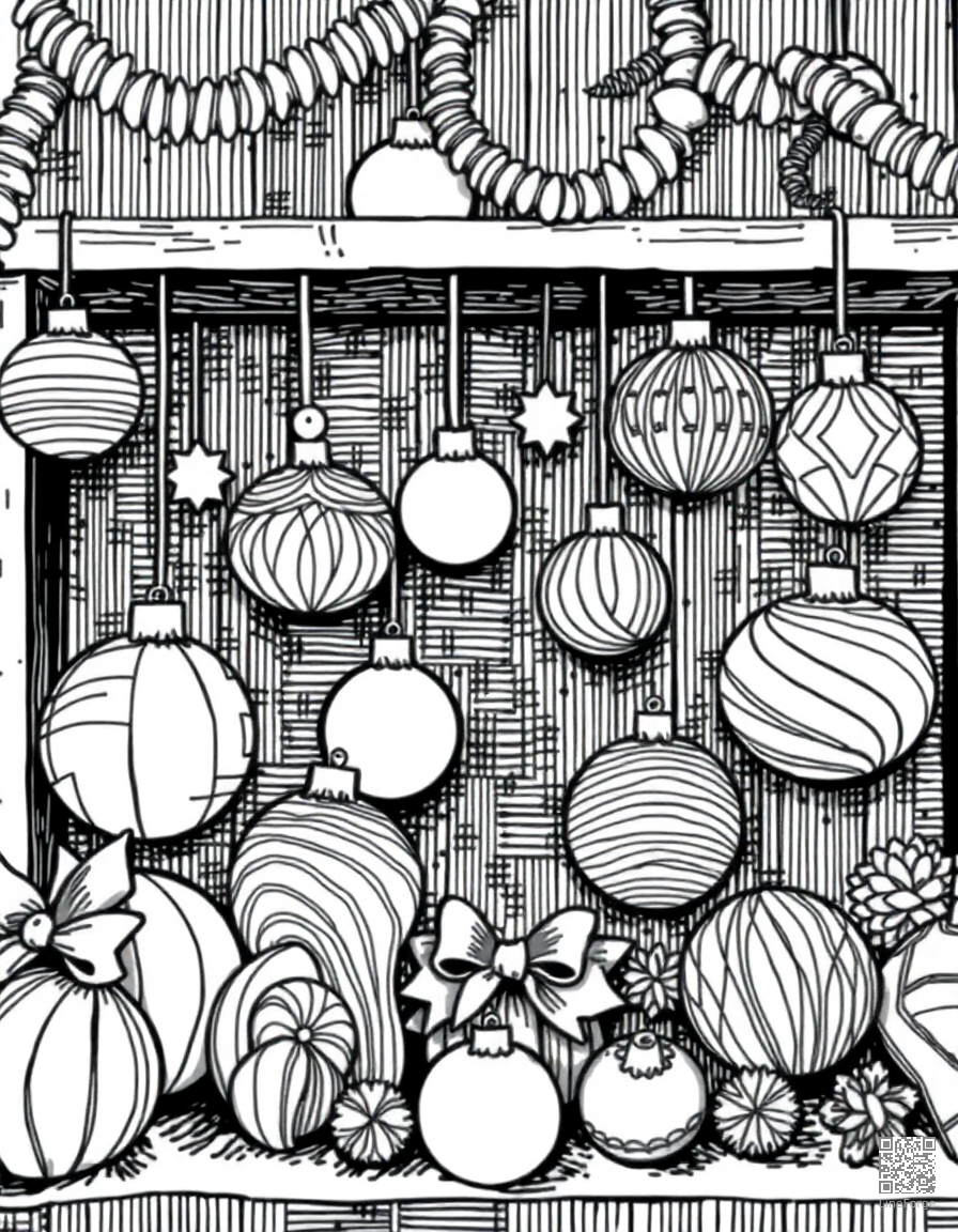 christmas ornament collection display coloring page Crosshatch style - free printable