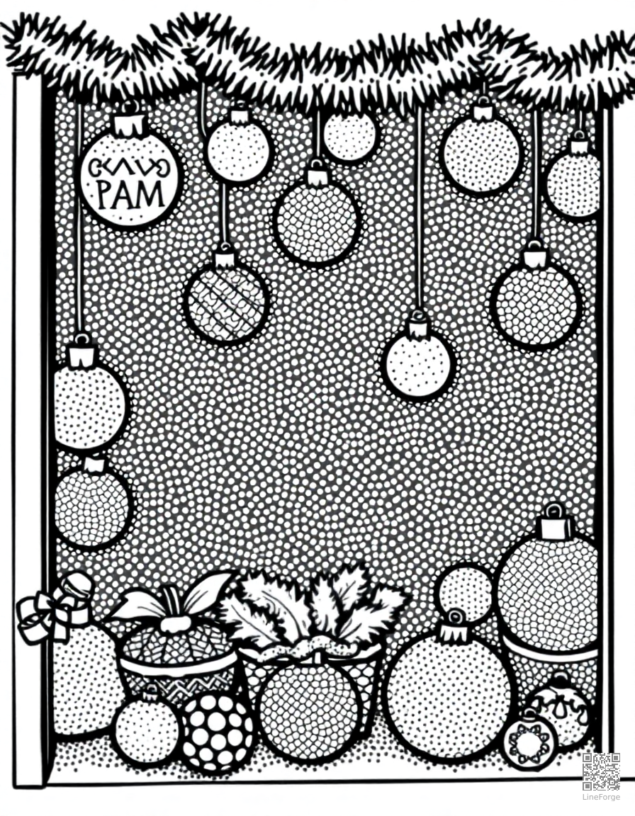 christmas ornament collection display coloring page Stipple style - free printable