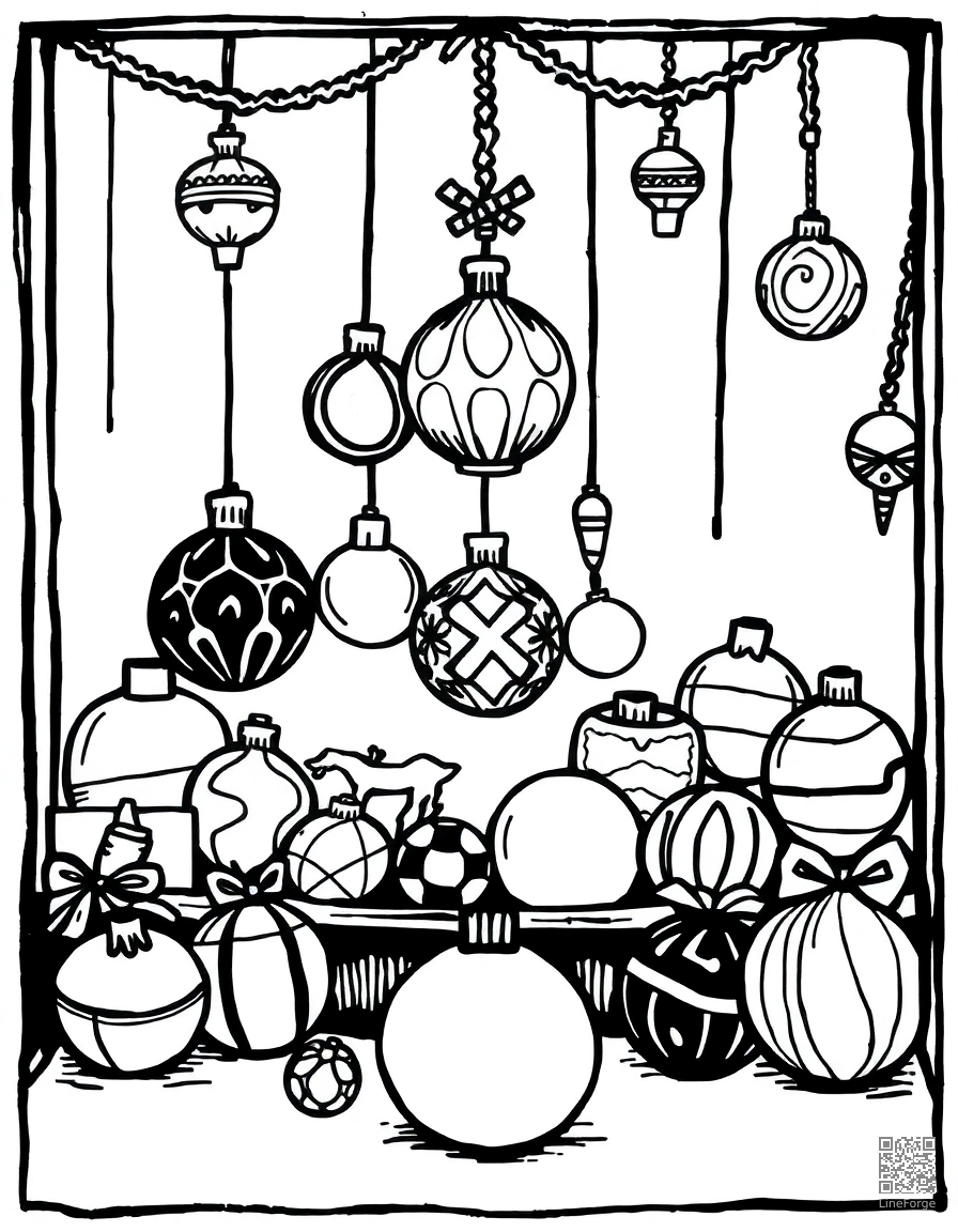 christmas ornament collection display coloring page Woodcut style - free printable