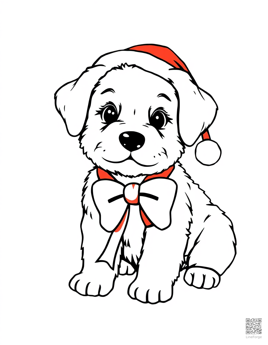 christmas puppy with a red bow coloring page Contour style - free printable