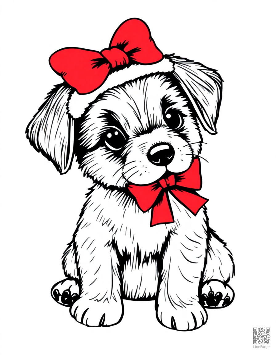 christmas puppy with a red bow coloring page Crosshatch style - free printable