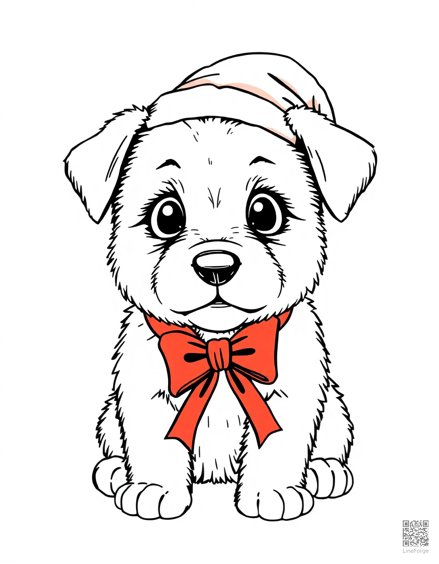 christmas puppy with a red bow coloring page Manga style - free printable